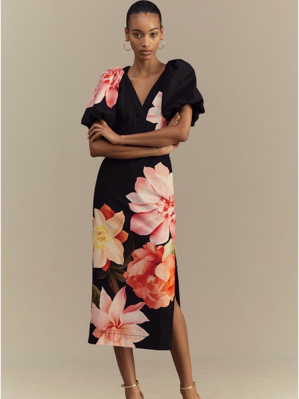 BHLDN Black Midi Dress with Pink and Coral Floral Accents, size Small